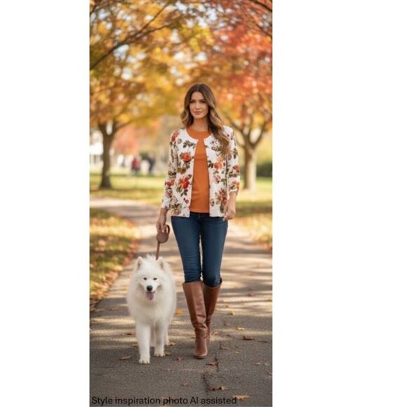 PREMISE, White cardigan with beautiful Fall floral print - Picture 2 of 10